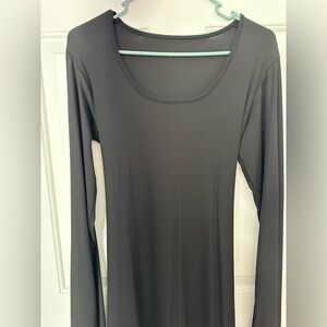 SHEIN Woman causal round neck body con long flare sleeves back tie black dress